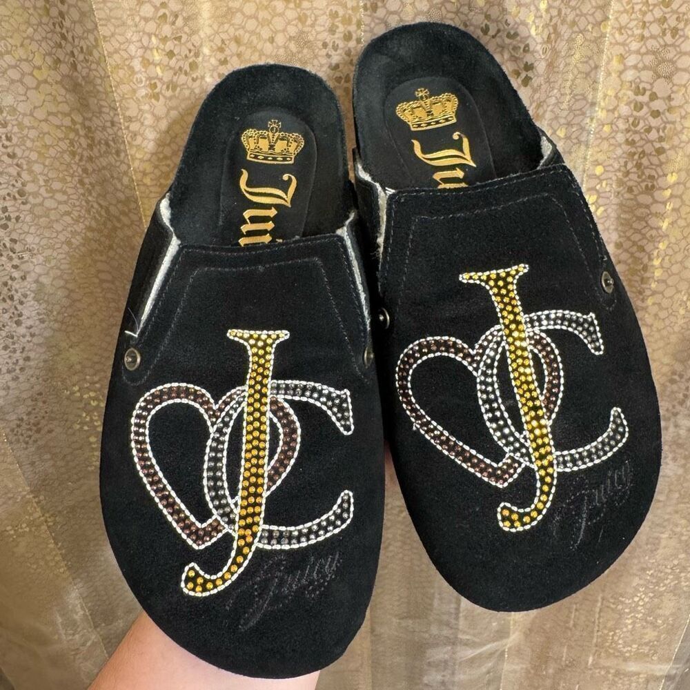 Vintage RARE Juicy Couture Leather Wool Suede Rhinestone Black Slippers Size 5/6